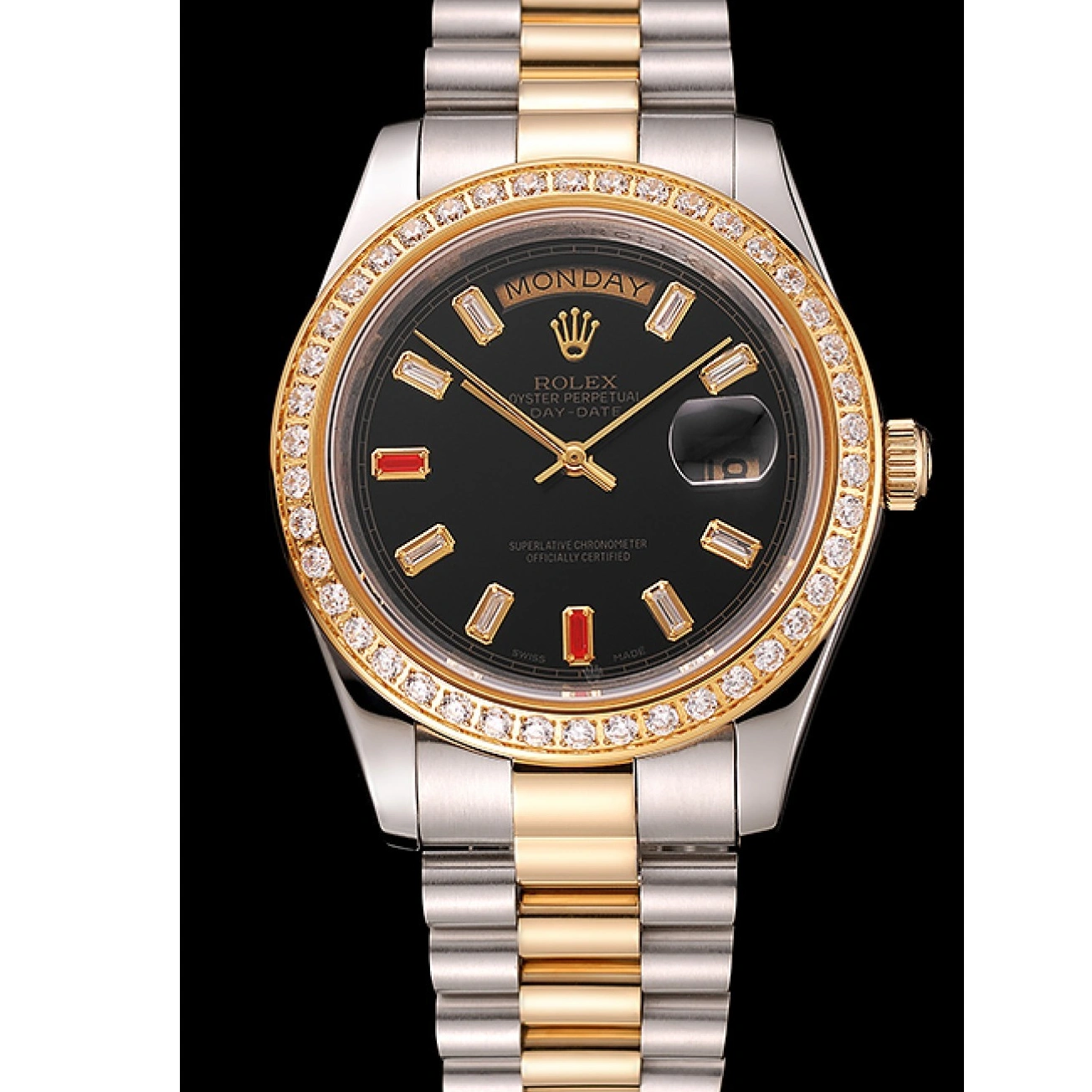 Rolex aaa copy Tone Bracelet Rolex Day-Date Two Black And 1454105 Swiss Dial Rubies Diamonds 1026